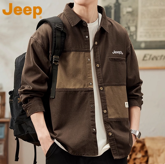 JEEP吉普纯棉牛仔衬衫男士2025新款春秋款拼色衬衣痞帅外套上衣服