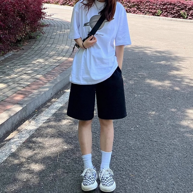 运动短裤女夏季薄款宽松高腰显瘦休闲黑色美式百搭直筒bf风五分裤