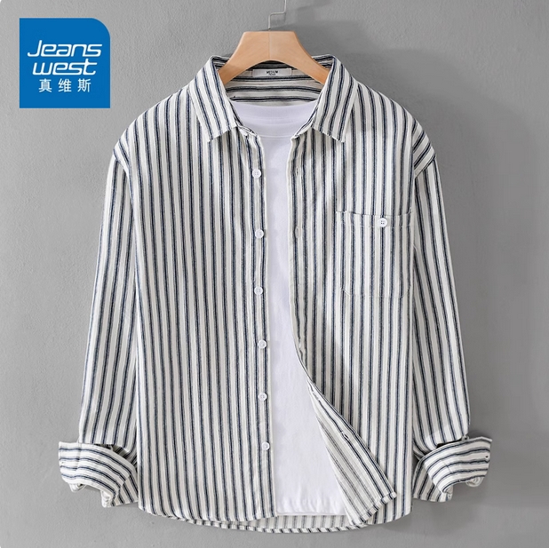 真维斯2025春秋季纯棉条纹衬衫男士夏季长袖衬衣宽松休闲外套男生