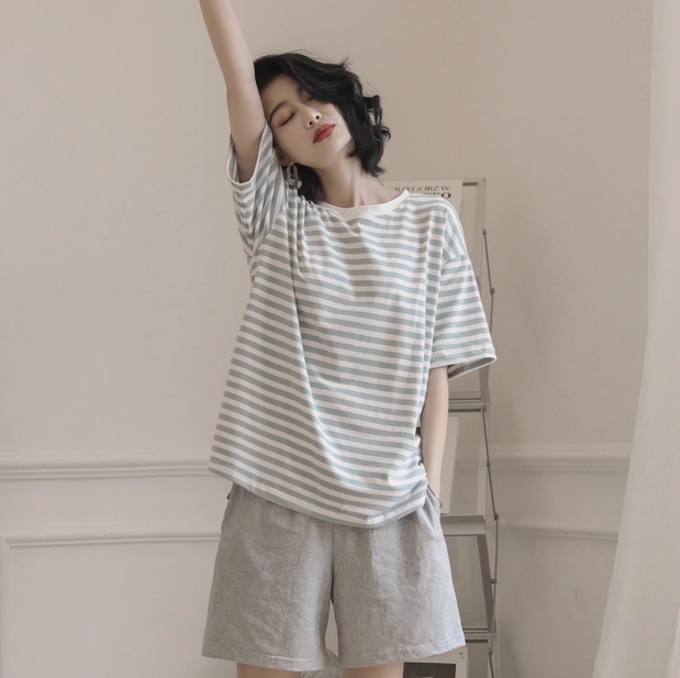 2025年新款织芬腾爆款睡衣女夏季纯棉短袖两件套夏天条纹家居服