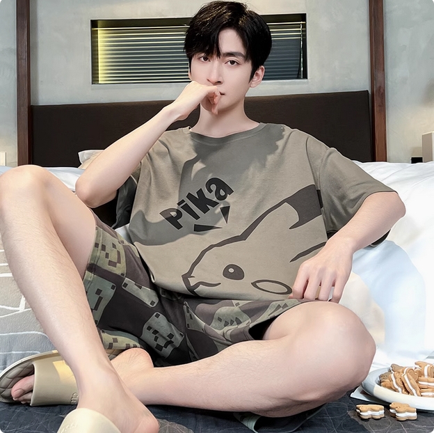 夏季男款睡衣纯棉短袖卡通青少年男士夏天薄款大码学生家居服套装