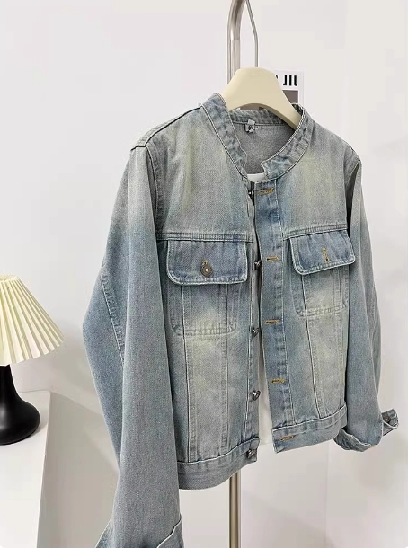 美式复古圆领牛仔外套女春秋大码胖mm宽松气质休闲百搭夹克短上衣
